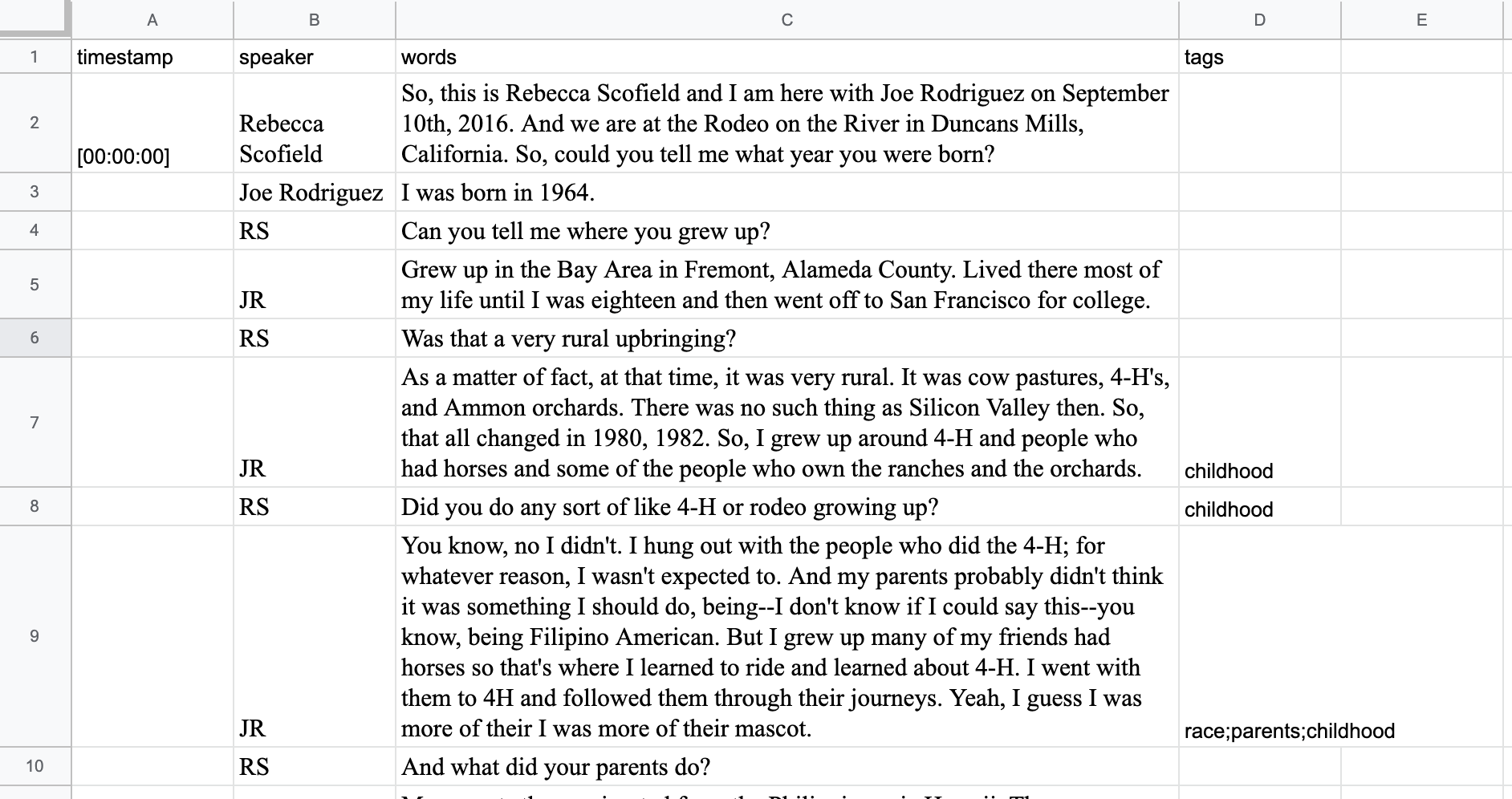 a screenshot of a transcript coded in google sheets