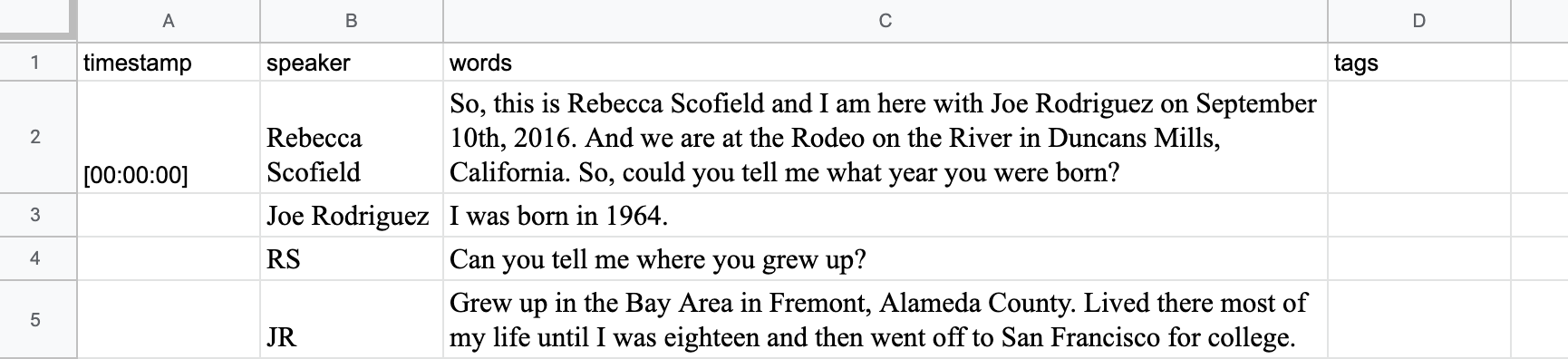 a screenshot of a transcript coded in google sheets