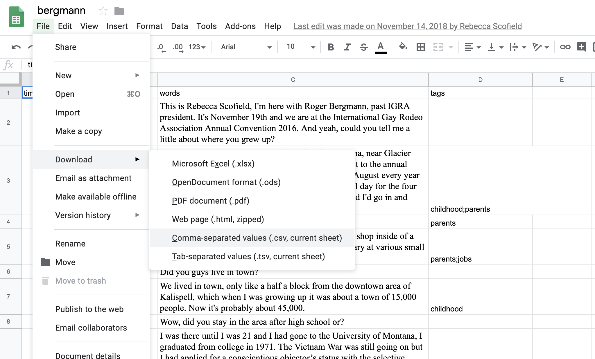 a screenshot of steps to download a google sheet as a csv