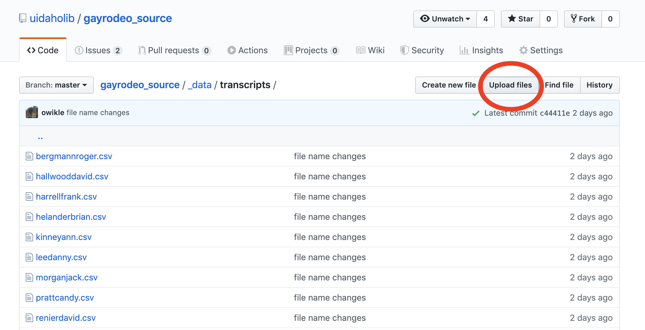 a screenshot of the repository's upload files button location