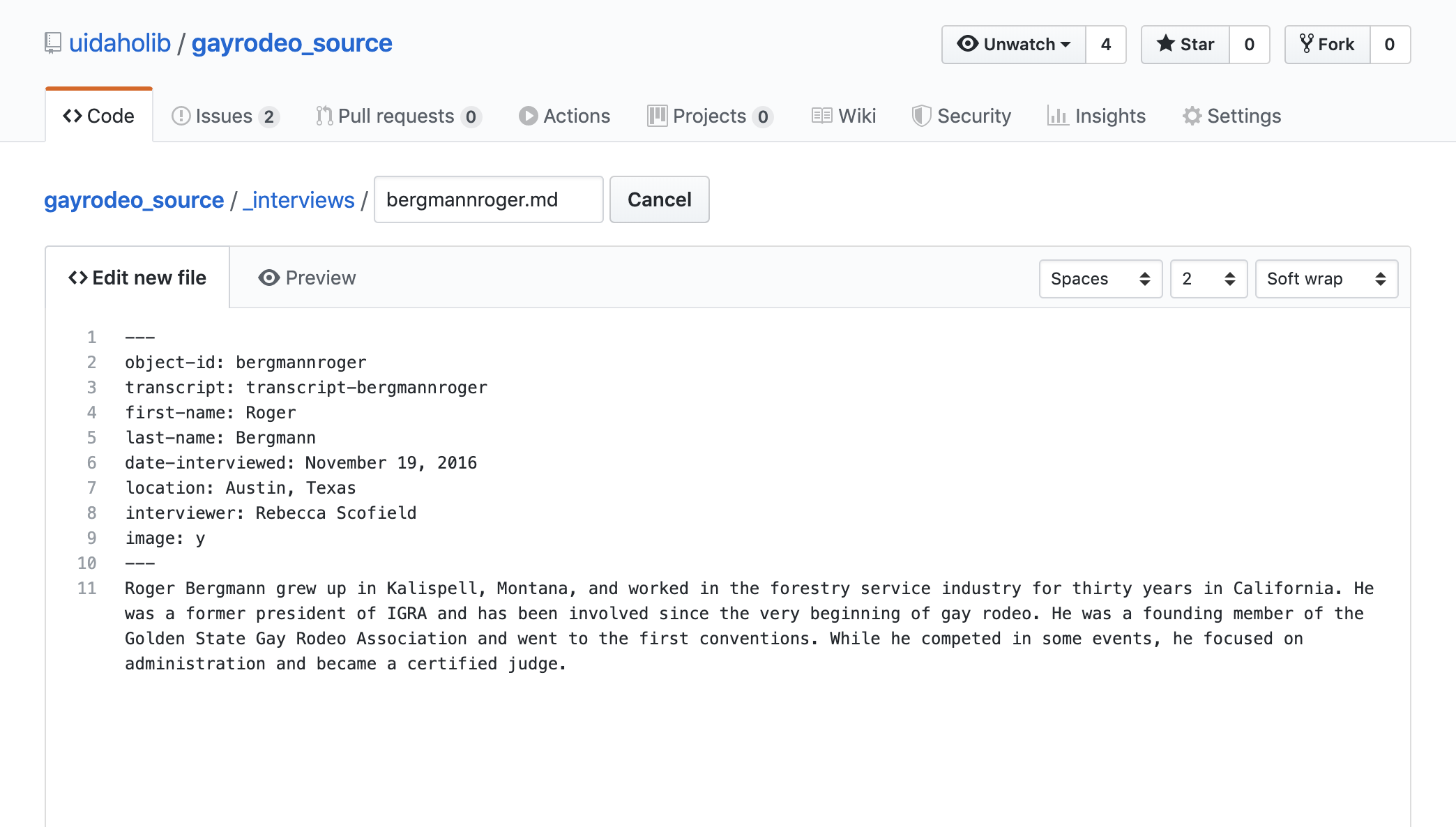a screenshot of the a newly created Markdown file on GitHub