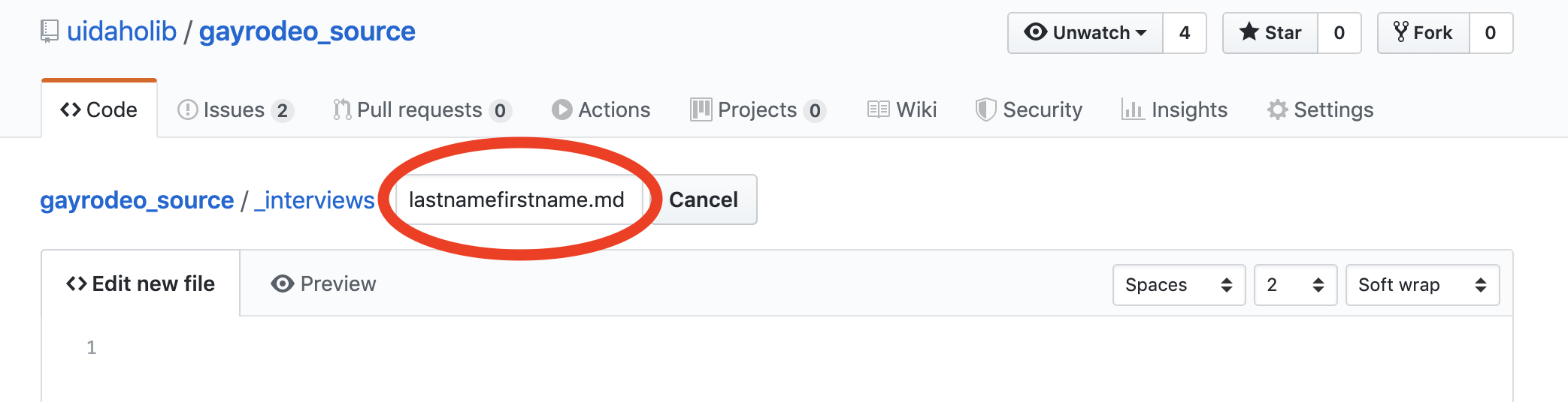 a screenshot showing how to name a markdown file on GitHub