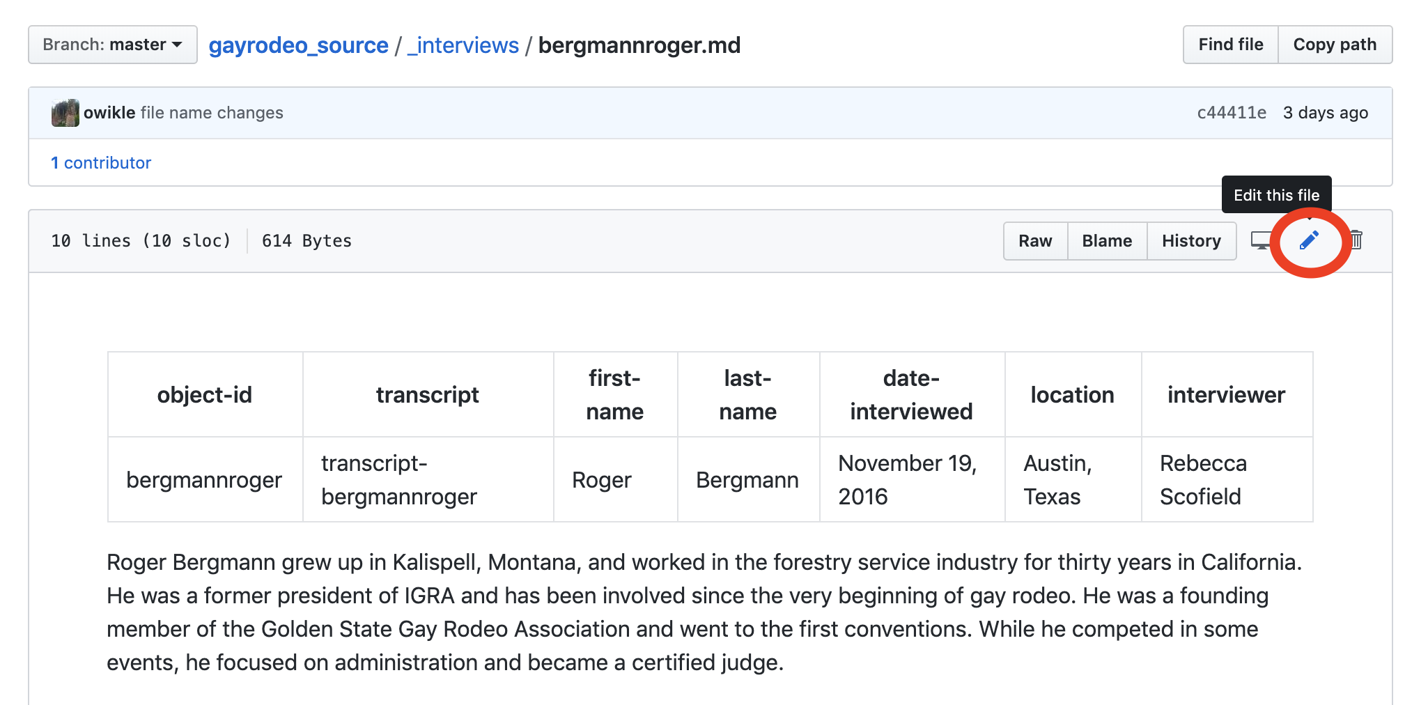 a screenshot showing how to edit a markdown file on GitHub