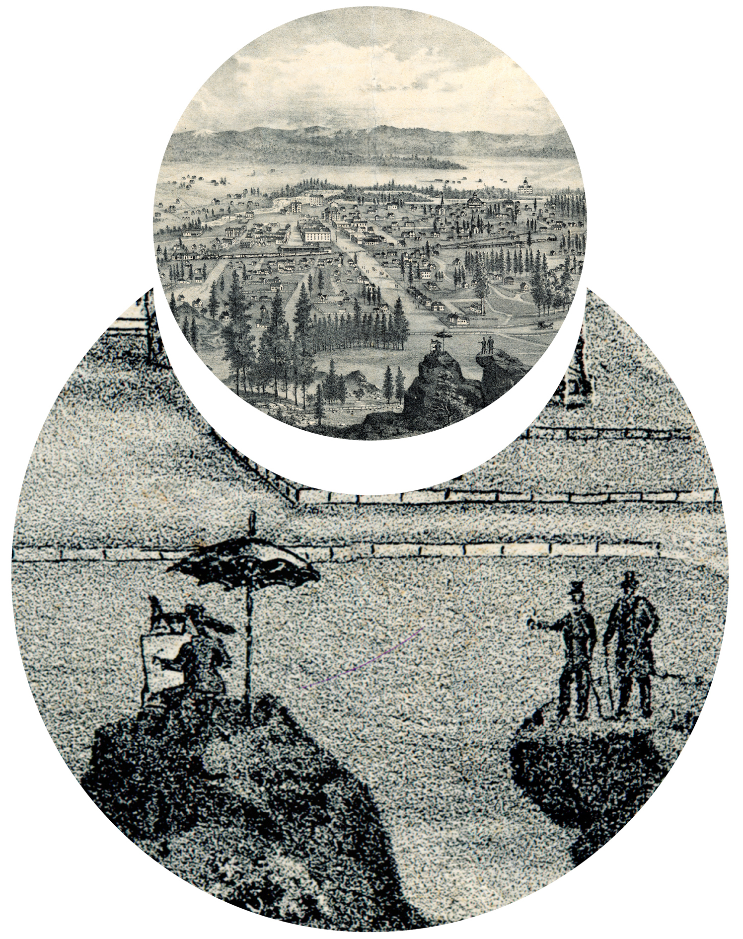 A broad and detail version of the same image in two spheres. In the broad view, a panoramic view of a town in a valley surrounded by hills and mountains. There are numerous buildings, both large and small, with roads lined with trees. In the foreground, three figures stand on rock formations overlooking the town. The landscape is dotted with additional trees, and there is a mix of open fields and structures. In the detail image, two men standing on a rocky outcrop, one pointing, with a few houses and trees in the background. On an adjacent rock, a person sits under an umbrella next to an easel. More houses and a path are visible in the distance.