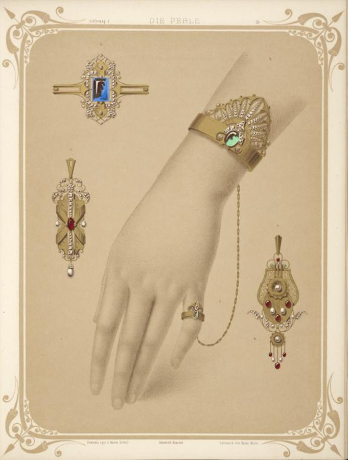 Various pieces of ornate jewelry are displayed on a red background. These include brooches, rings, and decorative pins. Intricate designs feature pearls, gold, and gemstones. The top of the image has the text "DIE PERLE" and at the bottom "Konvolut s.ges v. Morin Gerlach" and "Sammtlich deponirt."