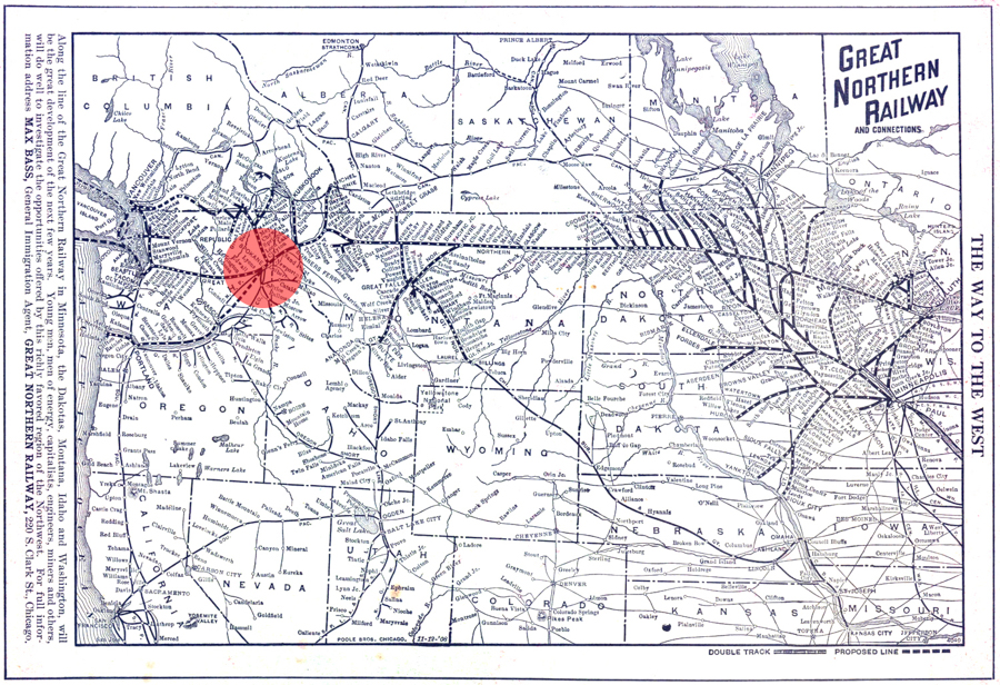 Map depicting the Great Northern Railway and its connections across the northwestern United States and parts of Canada. The map shows railway lines traversing through states like Minnesota, North Dakota, Montana, Washington, and Oregon, as well as parts of British Columbia and Alberta. A red circle is marked on the map. Text on the map includes "Great Northern Railway and Connections" and promotional information about opportunities for homes and employment along the railway.