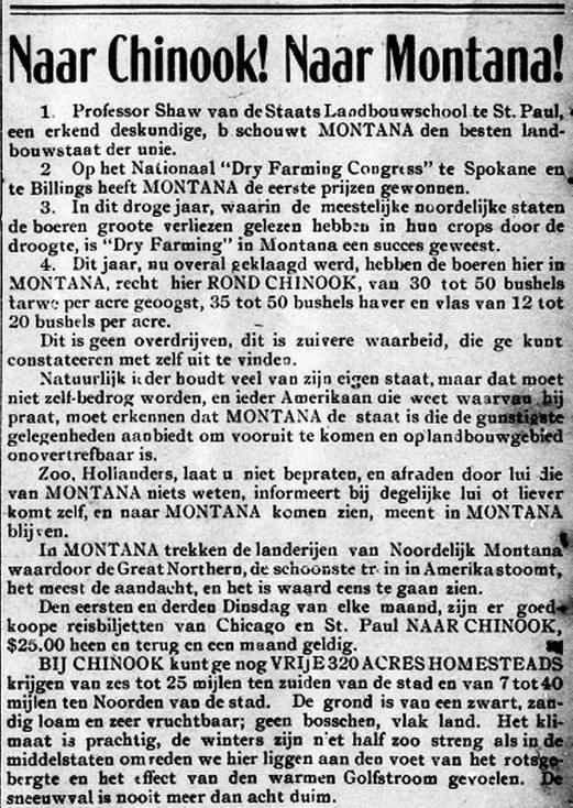 The image features a Dutch text titled "Naar Chinook! Naar Montana!" which translates to "To Chinook! To Montana!" It discusses the agricultural prospects in Montana, highlighting statements from Professor Shaw of the State Agricultural School in St. Paul, who recognizes Montana as a leading agricultural state. The text mentions Montana's achievements at the National Dry Farming Congress and emphasizes successful dry farming even during drought years. It encourages Dutch farmers to see the opportunities in Montana for themselves, noting the potential for high wheat yields around Chinook. The text aims to attract farmers to move to Montana, describing the region's benefits and available homesteads. Additionally, it provides travel details for those interested.