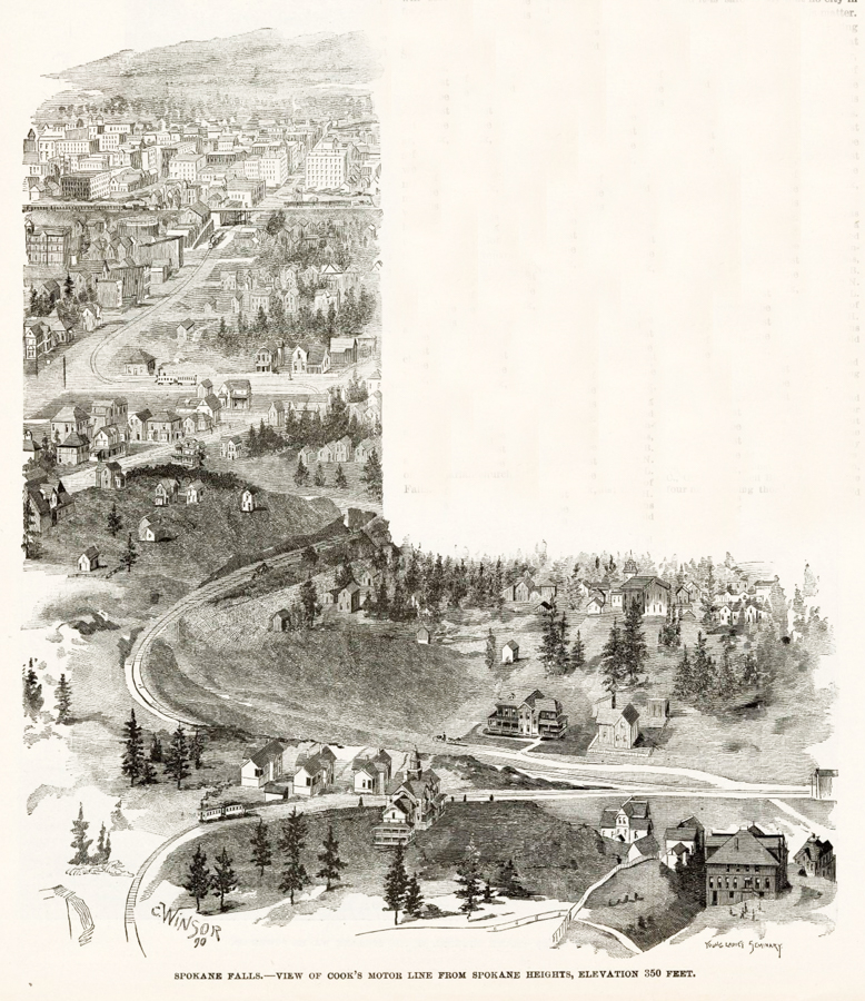 A detailed cityscape illustration with buildings, roads, and houses spread across a hilly landscape. The foreground features a railway line with a streetcar and scattered houses surrounded by trees. The background shows a densely built urban area. The text at the bottom reads: "Spokane Falls—View of Cook’s Motor Line from Spokane Heights, Elevation 350 Feet." The signature "Winsor" is visible.