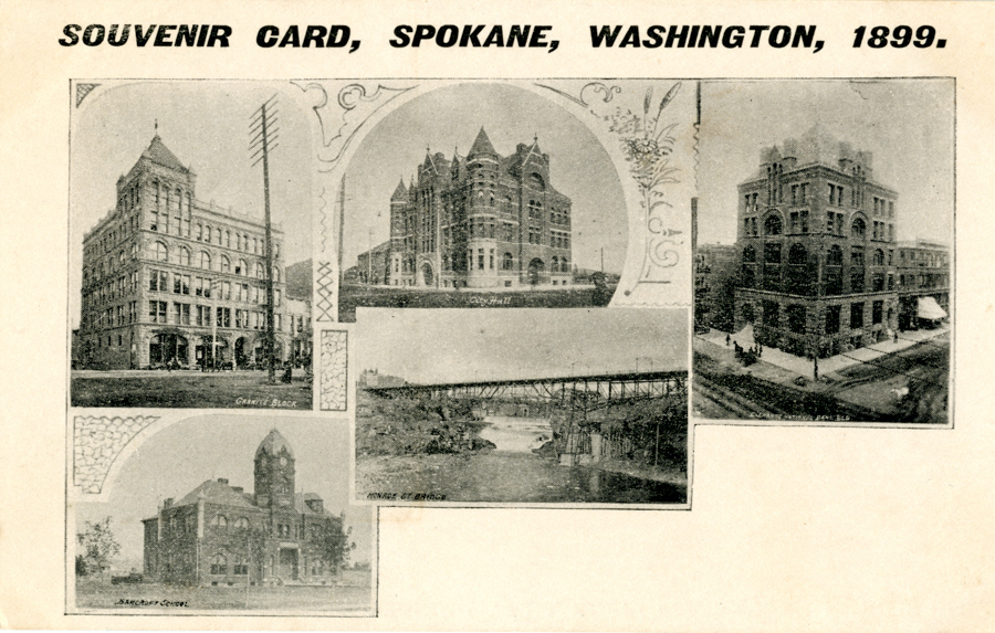 A collage of architectural images including several buildings and a bridge. Text at the top reads, "Souvenir Card, Spokane, Washington, 1899." The images show structures labeled as "Granite Block," "City Hall," "Oriental Building," "Monroe St. Bridge," and "Bancroft School." The images are surrounded by decorative patterns.