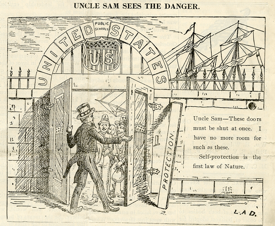 A man in a coat and striped pants, labeled Uncle Sam, stands at the entrance of a large gate labeled "United States." The gate has a sign saying "PROTECTION." Behind the gate, several people carrying bags appear to be entering. Above the entrance is a shield with "U.S." and the words "Public Schools." In the background are sailing ships. The text reads: "Uncle Sam sees the danger. Uncle Sam—These doors must be shut at once. I have no more room for such as these. Self-protection is the first law of Nature." The initials L.A.D. are at the bottom right.