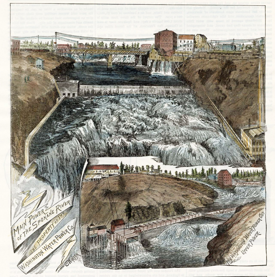 An illustration of a river with waterfalls and industrial buildings along the banks. A bridge spans across the river in the background. Text on the image reads "Main Power of the Spokane River, The Property of the Washington Water Power Co." and "Washington Water Power Co.'s Upper Power."