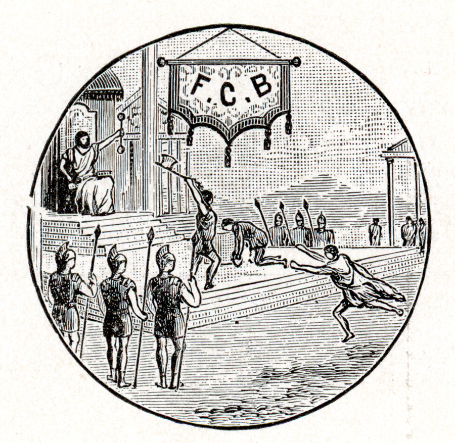 A group of armored figures standing at attention hold spears near a set of wide steps. Another figure in a robe holds scales while seated at the top. Near them, several individuals are engaged in a chase or struggle. Above, a banner with "F.C.B." is displayed.