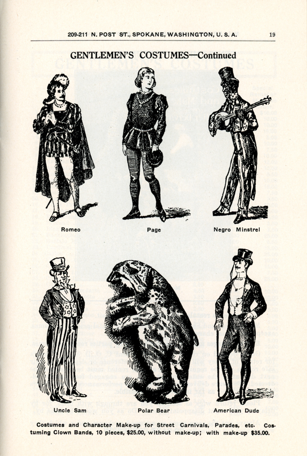 Five illustrated figures depicting costume ideas. From left to right, top to bottom: a figure labeled "Romeo" in a classic Renaissance outfit, a figure labeled "Page" dressed in medieval attire, a figure labeled "Negro Minstrel" in minstrel show clothing, a figure labeled "Uncle Sam" in a patriotic costume with a top hat and striped pants, a figure labeled "Polar Bear" in a bear costume, and a figure labeled "American Dude" in formal attire with a top hat and cane. Text at the top reads "Gentlemen’s Costumes—Continued" with an address "209-211 N. Post St., Spokane, Washington, U.S.A." at the very top. At the bottom, there is text about costume and character make-up for events, along with pricing details.