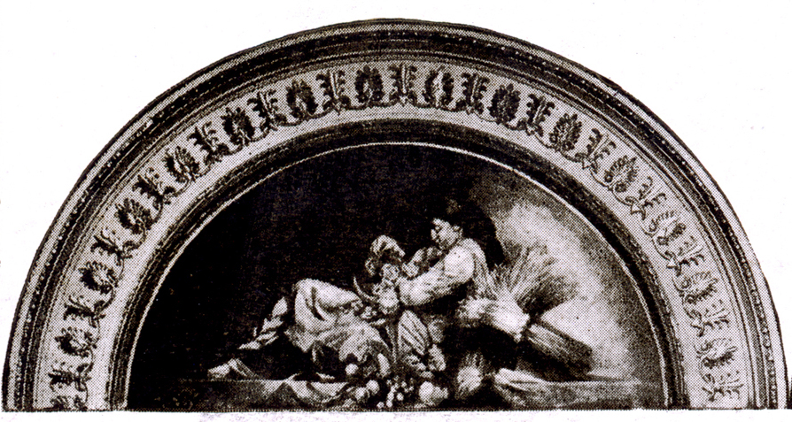 A decorative arch features a scene with a person sitting and engaging with a child who is sitting on the ground. Behind them is a bundle of wheat. The arch is adorned with ornamental patterns and the text "GLORIA IN EXCELSIS DEO" along the curve.