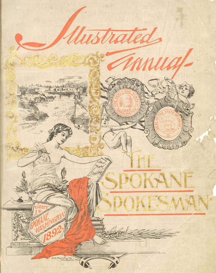 A decorative page featuring text reading "Illustrated Annual" and "The Spokane Spokesman." An illustration shows a woman sitting with a draped cloth, holding a paper with "New Year Greetings." There is an image of a cityscape, medallions labeled "Seal of the State of Washington" and "Seal of the State of Idaho," and a label saying "January 1st, Spokane, Washington, 1892." The page includes ornate designs and illustrations.