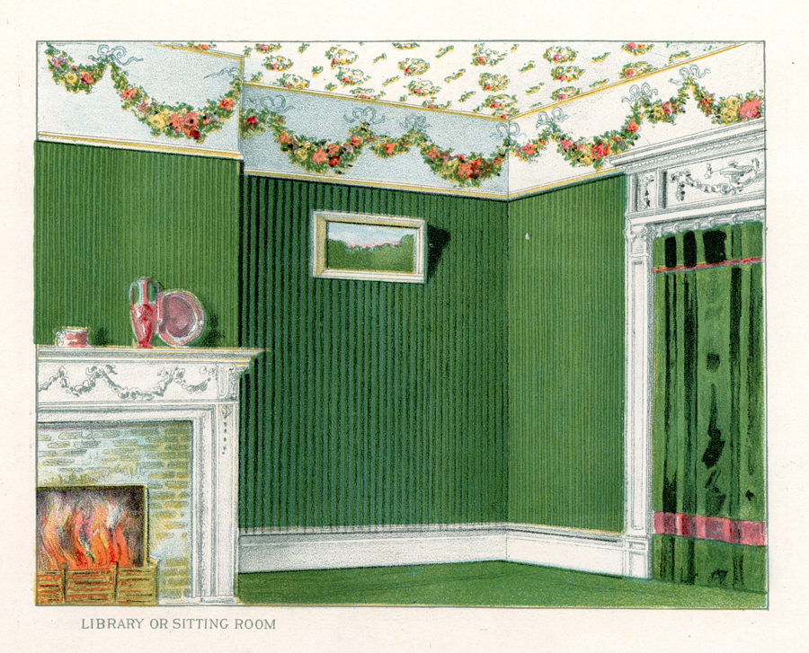 A room with green vertical striped walls and matching curtains. The ceiling is decorated with floral patterns and garlands. There is a white fireplace with ornate details, housing a fire. On the mantelpiece are two red vases and a small object. A framed picture hangs on the wall above the fireplace. The text "Library or Sitting Room" is at the bottom.