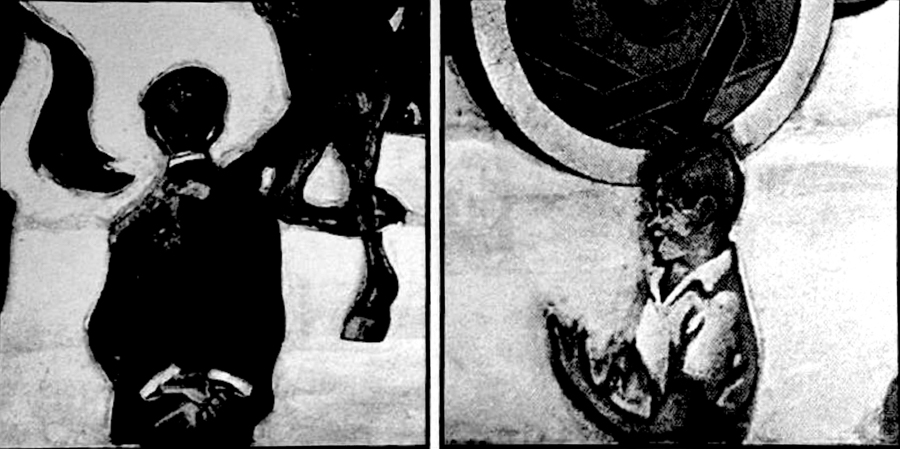 On the left, a person is seen standing beside what appears to be a horse. On the right, a person is shown looking upward, dressed in a shirt with rolled-up sleeves, with a circular object above them.