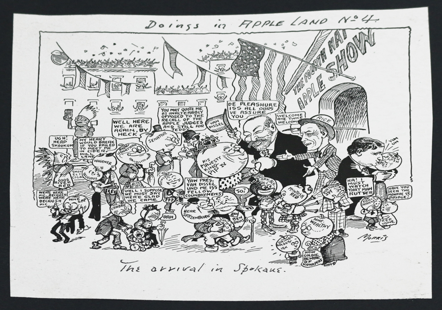 A busy scene with numerous cartoon characters engaging in various activities outside a building labeled "The Fourth Nat'l Apple Show." Some characters hold apples and signs. Speech bubbles include phrases like "Well here we are again, by heck," "His majesty King Pip VI," and "Have you seen the Monroe Street Bridge?" Flags decorate the background. Text at the top reads "Doings in Apple Land No. 4" and at the bottom, "The arrival in Spokaue."