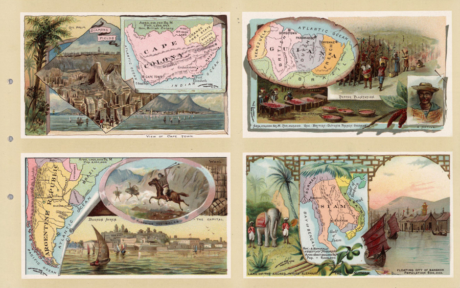 A collection of four artistic illustrations, each with its own theme:

1. A view of Cape Town with a map labeled "Cape Colony," featuring oil palm and diamond fields, and a coastal scene with sailboats.
2. A map labeled "British Guiana" with images of a pepper plantation and individuals involved in pepper harvesting, alongside a portrait of a person.
3. A map labeled "Argentine Republic" accompanied by scenes of a rider throwing a bola and a cityscape of Buenos Aires with sailing boats.
4. An illustration themed around Siam (Thailand), featuring an elephant with handlers, a map labeled "Siam," and a scene of boats in the "Floating City of Bangkok."