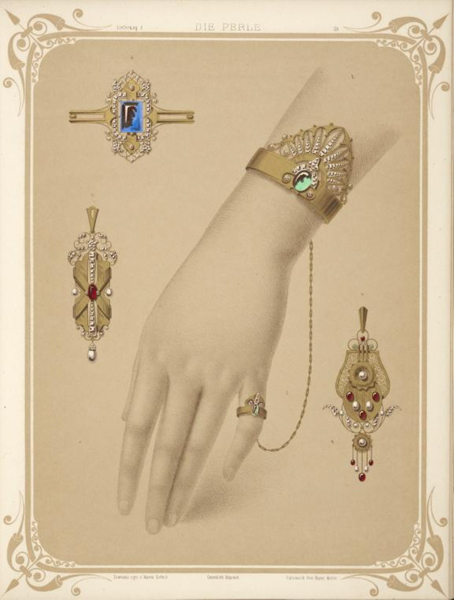 Various pieces of ornate jewelry are displayed on a red background. These include brooches, rings, and decorative pins. Intricate designs feature pearls, gold, and gemstones. The top of the image has the text 