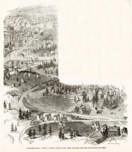 A detailed cityscape illustration with buildings, roads, and houses spread across a hilly landscape. The foreground features a railway line with a streetcar and scattered houses surrounded by trees. The background shows a densely built urban area. The text at the bottom reads: 