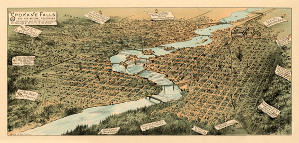 An illustrated map of Spokane Falls highlighting the town's layout with streets and rivers. The map includes banners pointing to various locations and resources such as 