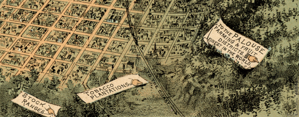 A map-like illustration showing a grid of streets and buildings. It includes labeled areas such as 