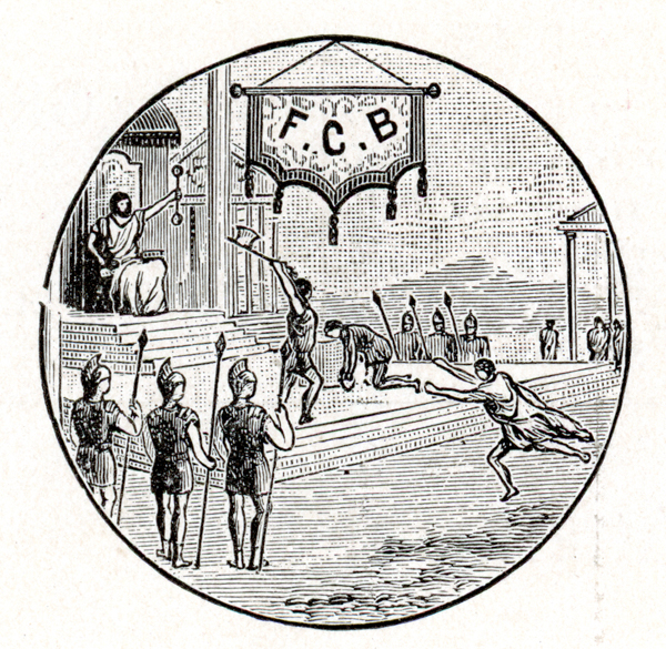 A group of armored figures standing at attention hold spears near a set of wide steps. Another figure in a robe holds scales while seated at the top. Near them, several individuals are engaged in a chase or struggle. Above, a banner with 