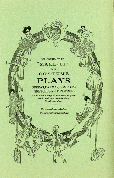 Illustration of various people in theatrical costumes forming a circular arrangement. Some figures are sitting, dancing, or interacting with each other. Inside the circle, text reads: 