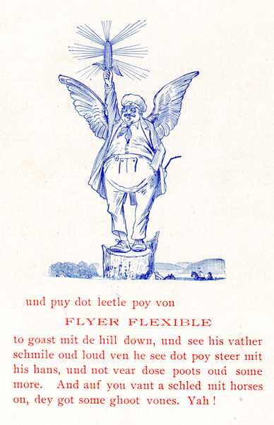 A drawing of a man with wings, dressed in a long coat and hat, standing on a pedestal. He holds a corn cob above his head, emitting lines reminiscent of rays. Below, text reads:

