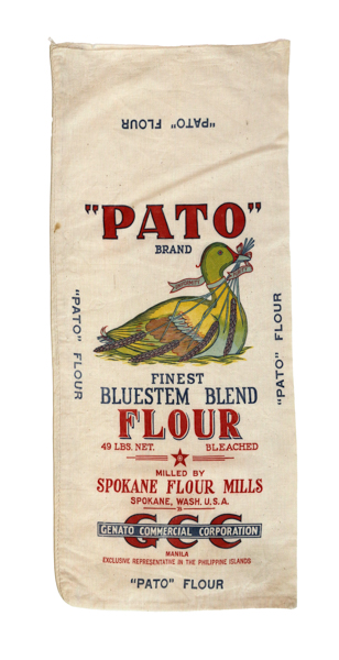 A cloth flour sack labeled 
