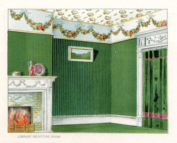 A room with green vertical striped walls and matching curtains. The ceiling is decorated with floral patterns and garlands. There is a white fireplace with ornate details, housing a fire. On the mantelpiece are two red vases and a small object. A framed picture hangs on the wall above the fireplace. The text 