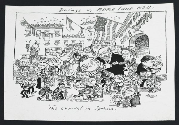 A busy scene with numerous cartoon characters engaging in various activities outside a building labeled 