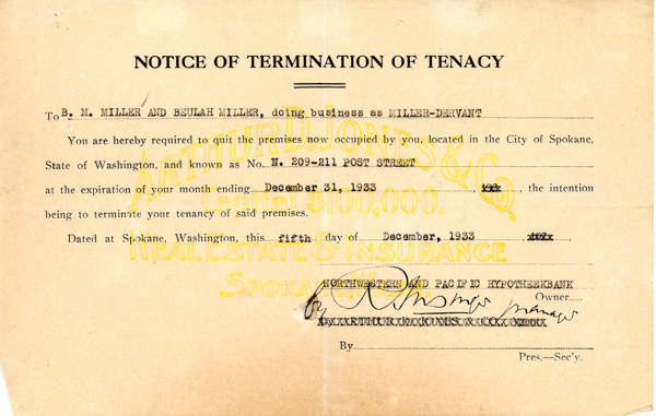 Notice of termination of tenancy addressed to B. M. Miller and Beulah Miller, doing business as Miller-Dervant. It requires them to quit the premises located at No. 209-211 Post Street, Spokane, Washington, by December 31, 1933, with the intention to terminate the tenancy. The document is dated in Spokane, Washington, on the fifth day of December 1933. It includes text from Arthur D. Jones & Co., Real Estate & Insurance, and is signed by an owner named Thomas.