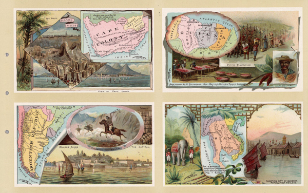 A collection of four artistic illustrations, each with its own theme:

1. A view of Cape Town with a map labeled 