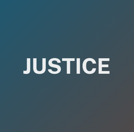 The name Justice in white font on a blue background.