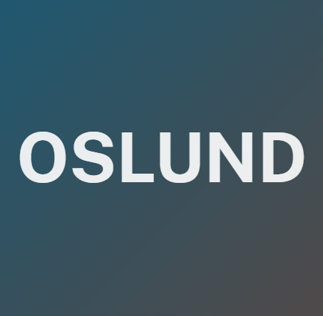 The name Oslund in white font on a blue background.