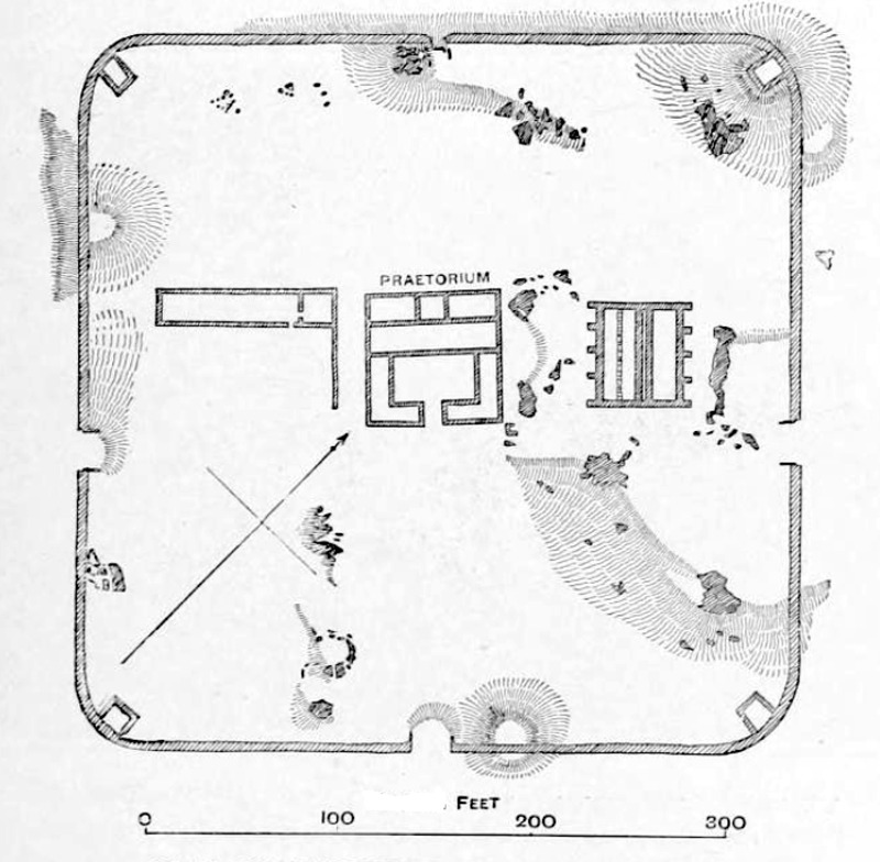 Drawing showing the outlines of a fort walls and Praetorium