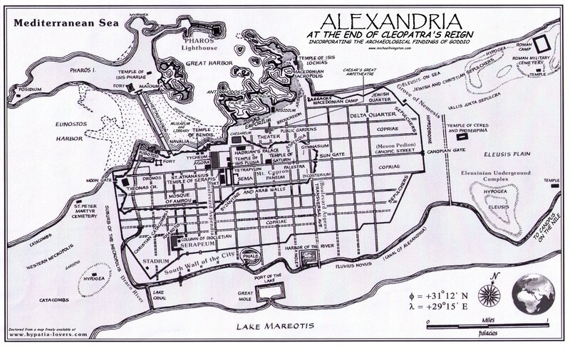 A black and white image of the map of Alexandria in the time peroid after the death of Cleopatra.