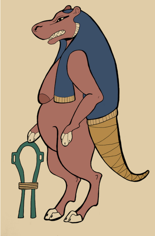 A simple colored image of the goddess Taweret. She is presented in a full body portrait facing the left with one hand out on a Sa. Her hair is long and goes down to her ankles. She has an upright Hippopotamus body and feline limbs.