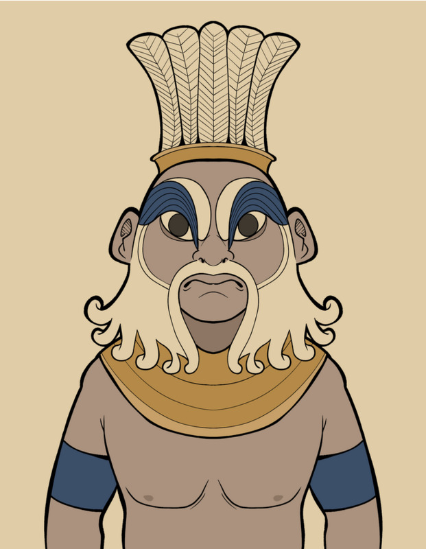 A bust portrait of the god Bes. He is depicted with simple coloring and a front on expression of a typical scowl. he wears a feathered crown and a long curled beard.