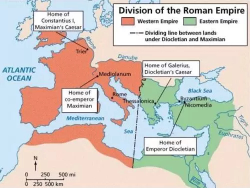 Map showing the strict division of lands between Emperors Diocletion and Maximian. Shows major city hubs the two Emperor's and two Ceasars.