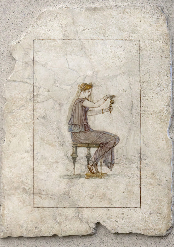 Roman fresco of a woman sitting and pouring contents from one container to another