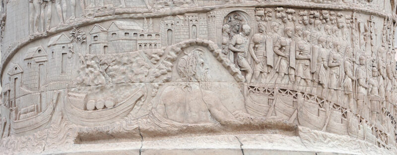 The crossing of the Roman Army over the Danube River in the first Dacian War (the large figure is a personification of the Danube)
