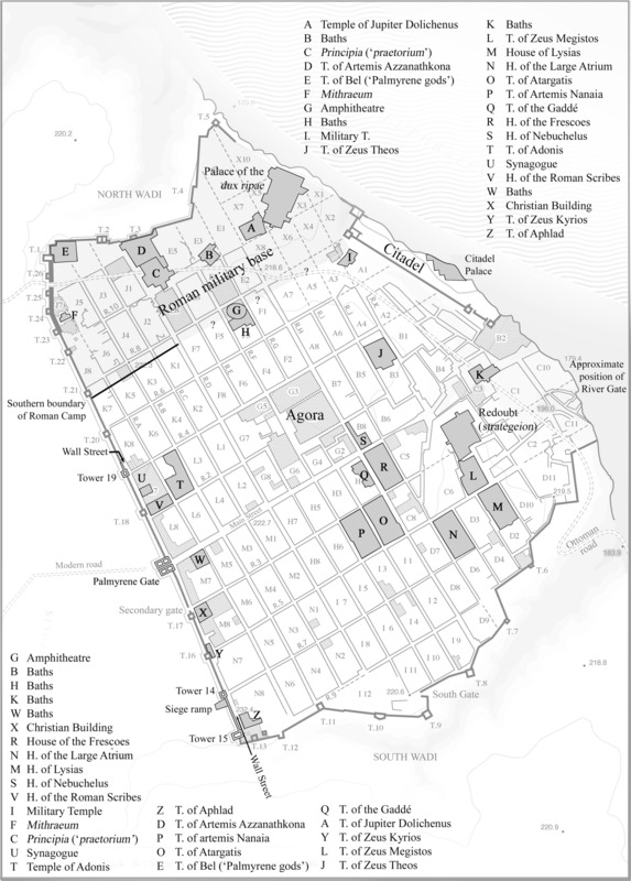 The map contains a legend with labels for all of the excavated sites and where they correlate on the map, with additional labels and annotations to denote purposes and disposition of buildings and other sites.