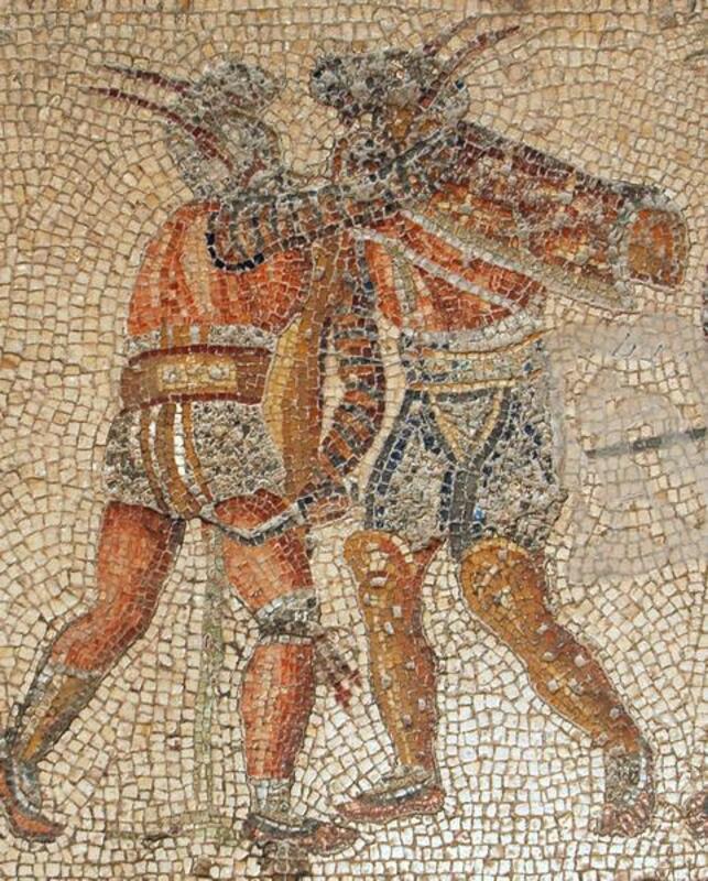 Roman mosaic showing a murmillo and a Thracian gladiator facing each other with shields and weapons.