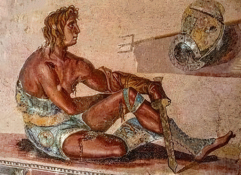 Roman mosaic of a retiarius gladiator holding a trident and net while wearing light armor.