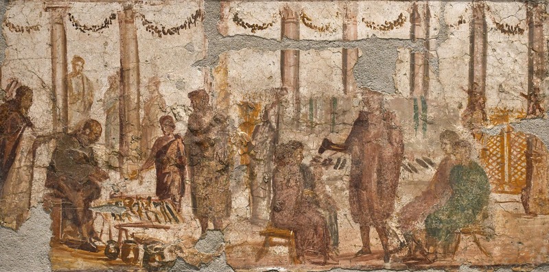 a worn ancient fresco depicts people in a columned courtyard selling goods