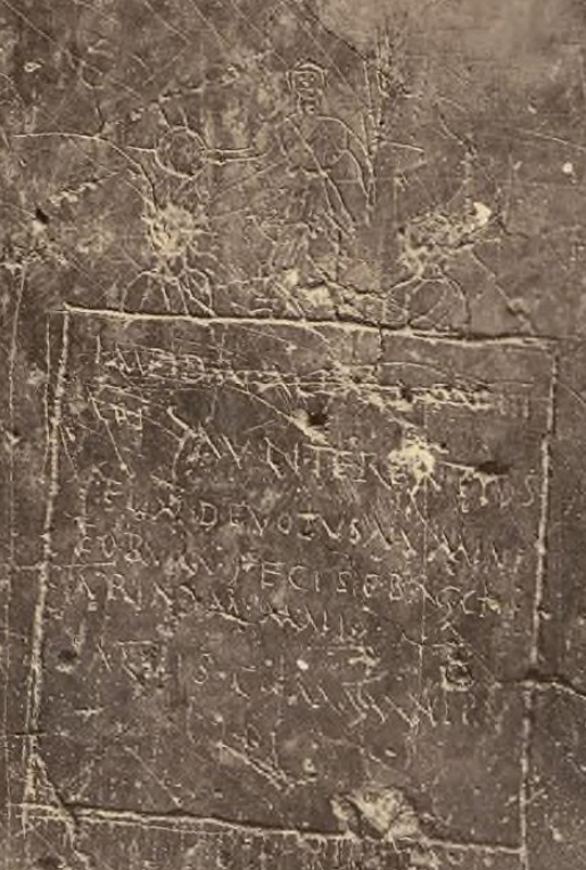 A box with words in it some at the top are scratched out. Above there are three faces the two on the edges are scratched out