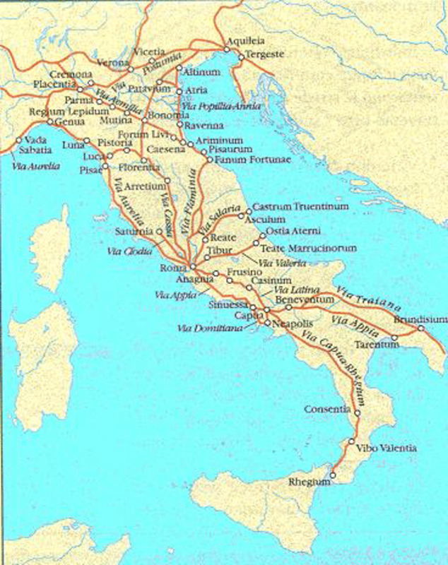 Shows outline of Roman roads with Roman names for locations